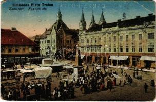 1931 Temesvár, Timisoara; Kossuth tér, piac, villamos, üzletek / square, market, tram, shops (EB)