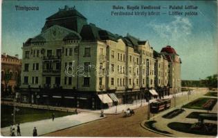 Temesvár, Timisoara; Ferdinánd király körút, Löffler palota, villamos / street, palace, tram (EB)