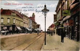 1915 Eszék, Osijek, Essegg; Gornji grad, Glavni trg / tér, Turul cipő üzlet / square, shops