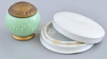 2 db különféle krémes tégely, üveg és porcelán, jelzett, kisebb kopásnyomokkal, d: 5 cm és 8,5 cm