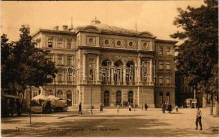 1911 Temesvár, Timisoara; Ferenc József színház, piac, villamos / theatre, market, tram