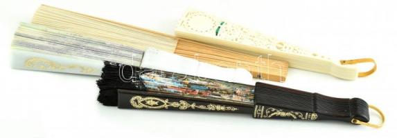 4 db különféle legyező, műanyag, fa, vászon, 31,5x18 cm és 46x24 cm közötti méret