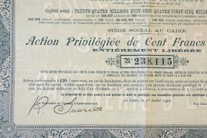 Egyiptom 1906. "Egyiptomi Cukorfinomító Vállalat" részvénye 100Fr-ról francia nyelven, sze...