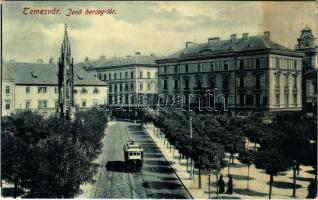 Temesvár, Timisoara; Jenő herceg tér, villamos, Rukavina emlékmű, Turul cipőgyár részv. társ. főraktára, üzlet. Gerő Manó kiadása, W.L. (?) / square, monument, tram, shop (fl)