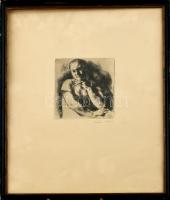 Szőnyi István (1894-1960): Merengő. Rézkarc, papír, jelzett,üvegezett keretben, 12,5×12 cm