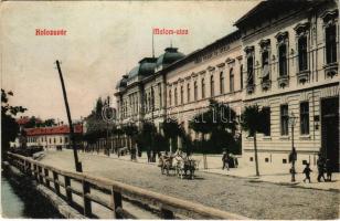 1908 Kolozsvár, Cluj; Malom utca, Városi polgári fiú iskola, ökörszekér, Diana fürdő, B. Bakla. műasztalos / street, shop, boy school, spa, oxen cart