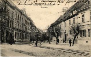 1907 Nagyszeben, Hermannstadt, Sibiu; Sporergasse. Karl Graef / utca, villamos, Budovszky L. üzlete / street, tram, shops
