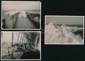 1935 Jégkárok Balatonföldváron, 3 db feliratozott fotó, egyik kis sarokhiánnyal, 8,5×11,5 cm