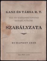 1939 Ganz és Társa Rt. tűz- és vagyonbiztonsági szolgálatának szabályzata, Bp., Dénes Miklós-ny., 44 p., kissé sérült, foltos tűzött papírkötés