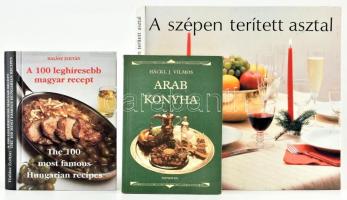 3 db modern szakácskönyv: Arab konyha, A 100 leghíresebb magyar recept, A szépen terített asztal.
