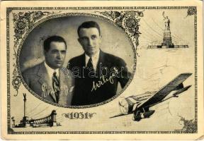 1931 Endresz György és Wilczek (Magyar) Sándor "Justice for Hungary" óceánrepülésének emlékére / Hungarian pilots, memorial card for their flight across the ocean. Irredenta Art Nouveau postcard + "LÉGI POSTA PAR AVION" (EK)