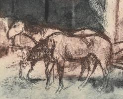 Breznay József (1916-2012): Itatás. Rézkarc, papír. Jelzett. Sérült üvegezett keretben. 29x38cm