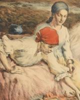 Révész Imre (1859-1945): Kukoricafosztás, színezett rézkarc, papír, üvegezett sérült keretben, 39×50...