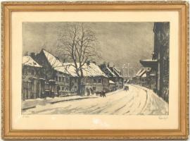 Élesdy István (1912-1987): Tél. Rézkarc, papír, jelzett, üvegezett sérült keretben, 29x49 cm