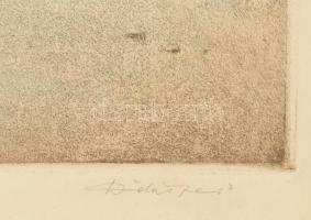 Dudás Jenő (1900-1991): Tihanyi konda. Rézkarc, papír, jelzett, üvegezett sérült keretben, 28x38 cm