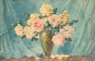 Komáromi-Kacz Endre (1880-1969): Csendélet. Akvarell, papír. Jelzett. Dekoratív, üvegezett blondel keretben. 47x70 cm