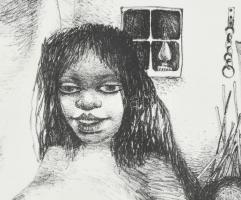 Lacza Márta, Dékányné (1946 - ): Család. Litográfia, papír. Jelzett. Számozott: 21/21. Üvegezett, sé...