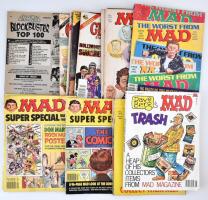 cca 1960-1990 MAD amerikai humoros magazin 10 db száma + Cracked 4 db száma (az egyik hiányzó borítóval), angol és német nyelven