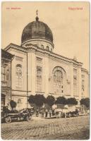 Nagyvárad, Oradea; Izraelita templom, zsinagóga, megpakolt lovaskocsik. Rigler József Ede rt. / synagogue, loaded horse carts (EK)