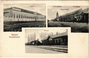 1907 Szakálháza, Sacalaz; iskola, vasútállomás, gőzmozdony, római katolikus templom, községháza, nagyvendéglő / railway station, school, church, locomotive, hotel