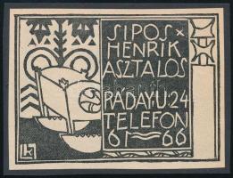 cca 1910 Kozma Lajos (1884-1948): Sipos Henrik Asztalos. Ráday u. 24. Telefon 61-66., reklám grafika, papír, klisé, kartonra kasírozva,7x9 cm