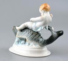 Halon ülő puttó kézzel festett aranyozott sorszámozott jelzett Herendi porcelán figura hibátlan álla...