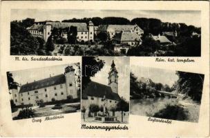 1943 Mosonmagyaróvár, M. kir. gazdaakadémia, római katolikus templom, Öreg Akadémia, Lajta folyó (EK)