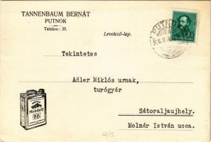 1936 Putnok, Tannenbaum Bernát mobiloil reklám. Hátoldalon kóser csemegetúró rendelés