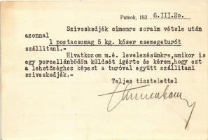 1936 Putnok, Tannenbaum Bernát mobiloil reklám. Hátoldalon kóser csemegetúró rendelés