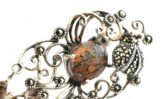 Ezüst(Ag) ásvánnyal és markazittal díszített fülbevalópár, jelzett, h: 4,5 cm, bruttó: 11,77 g