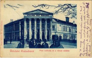 1899 (Vorläufer) Szabadka, Subotica; Pest szálloda, Városi színház, sörcsarnok / hotel, theatre, beer hall + ZIMONY-BUDAPEST vasúti mozgóposta