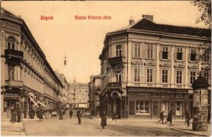 Zagreb, Zágráb; Marije Valerije ulica, Udruga, Mjenjacnica, Hrvatska Pucka Banka, Austrijski Phönix, Dr. A. Padelic / street, shops