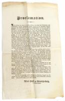 1849.I.7. Ofen, Proclamation, Alfred Fürst zu Windisch-Grätz / Buda, Windisch-Grätz cs. és kir. tábornagy hirdetménye a magyar lakosság számára, német nyelven, hajtva, szélein sérülésekkel, 43x27 cm