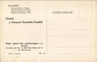 Budapest V. Szabadság tér, Irredenta szobor: Nyugat. üdvözlet a Budapesti Nemzetközi Vásárról. Rigle...