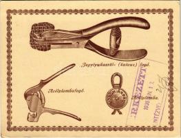 1935 Jegylyukasztó - Kalaúzfogó, acélplombafogó, acélplomba. Özv. Ujágh Árpádné reklámlapja, Budapest, Horthy Miklós út 90.