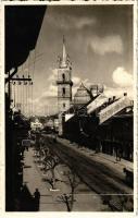 1940 Beszterce, Bistritz, Bistrita; utca, templom, Czitorn üzlete / street, church, shops. photo + "1940 Beszterce visszatért" So. Stpl