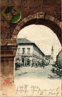 1903 Baja, Br. Eötvös József utca, Sternfeld V. üzlete, piac. Kollár A. kiadása, Szecessziós litho címerrel, Art Nouveau