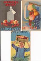 7 db RÉGI magyar gyümölcsöt reklámozó egészségügyi propaganda lap, C-vitamin táblázat a hátoldalon. ...