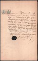 1873 Nyírbakta, munkáltatói igazolás Nyikon József erdész részére, címeres viaszpecséttel, 10+5 kr okmánybélyeggel