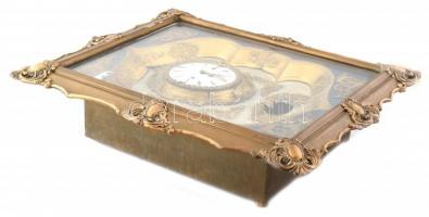 Biedermeier keretóra, aranyozott hársfa keret, negyedütős szerkezettel, kopott, sérült, javításra sz...