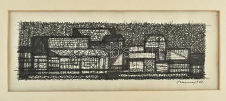 Barcsay Jenő (1900-1988): Házak, 1961. Tus, papír, jelzett, paszpartuban. 6x20 cm