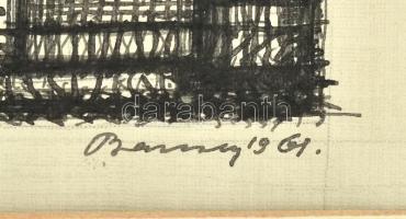 Barcsay Jenő (1900-1988): Házak, 1961. Tus, papír, jelzett, paszpartuban. 6x20 cm