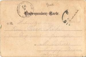 1893 (Vorläufer) Graz, Hilmteich, Hilmwarte / lake, look out tower. Art Nouveau, floral, litho (Rb)