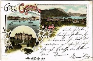 1899 (Vorläufer) Gmunden i. Salzkammergut, Schloss Cumberland, Landungsplatz / castle, port. Art Nouveau, floral, litho (gluemark)