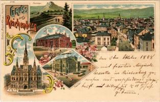 1898 (Vorläufer) Liberec, Reichenberg; Rathaus, Theater, Turnhalle / town hall, gym hall, theatre. Art Nouveau, floral, litho (gluemark)