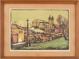 Réti Mátyás (1922-2002): Veszprém. Színes linó, papír, jelzett, üvegezett fa keretben, 25×35 cm
