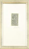 Kass János (1927-2010): Kérés. Rézkarc, papír, jelzett, üvegezett fa keretben, 8,5×5 cm