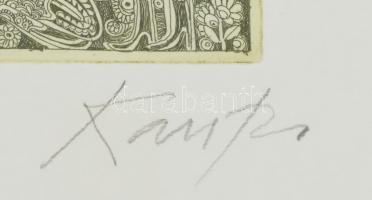 Kass János (1927-2010): Kérés. Rézkarc, papír, jelzett, üvegezett fa keretben, 8,5×5 cm