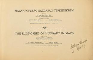 1920 Magyarország gazdasági térképekben, kiadja: Emich Gusztáv, magyar és angol nyelven, térképmellékleteken celluxos ragasztásokkal, kopottas állapotban