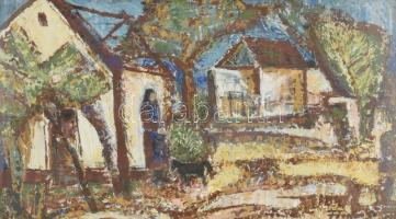 Fontos Sándor (1920-1991): Elhagyott udvar. Tempera, farost, jelzett, képcsarnokos sérült, üvegezett, fa keretben, 42×74 cm